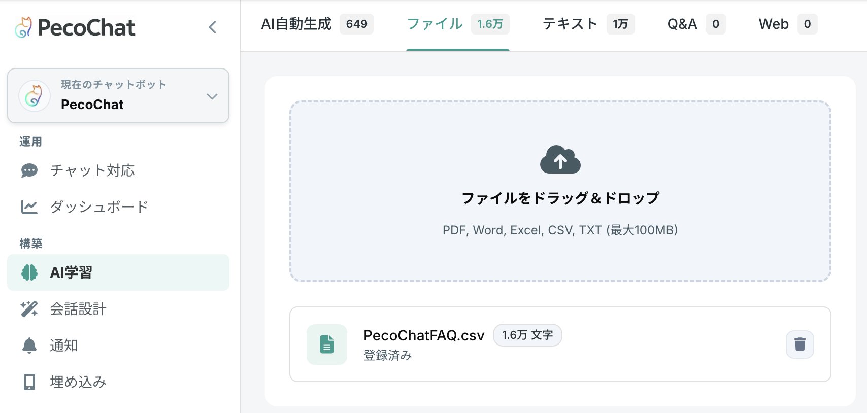 PecoChat®︎のAI学習画面で、PDF・Word・Excel・CSV・TXTをアップロードできるファイル欄と登録済みのPecoChatFAQ.csvが表示されている状態