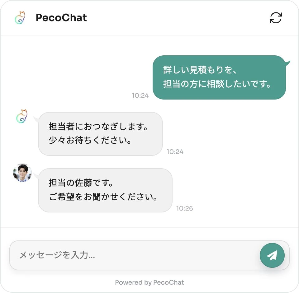 有人対応へ引き継ぐ会話例。お客様が個別の見積もりを希望すると、担当者へつなぐ案内を表示。その後、担当の佐藤が同じチャットで希望を伺います。